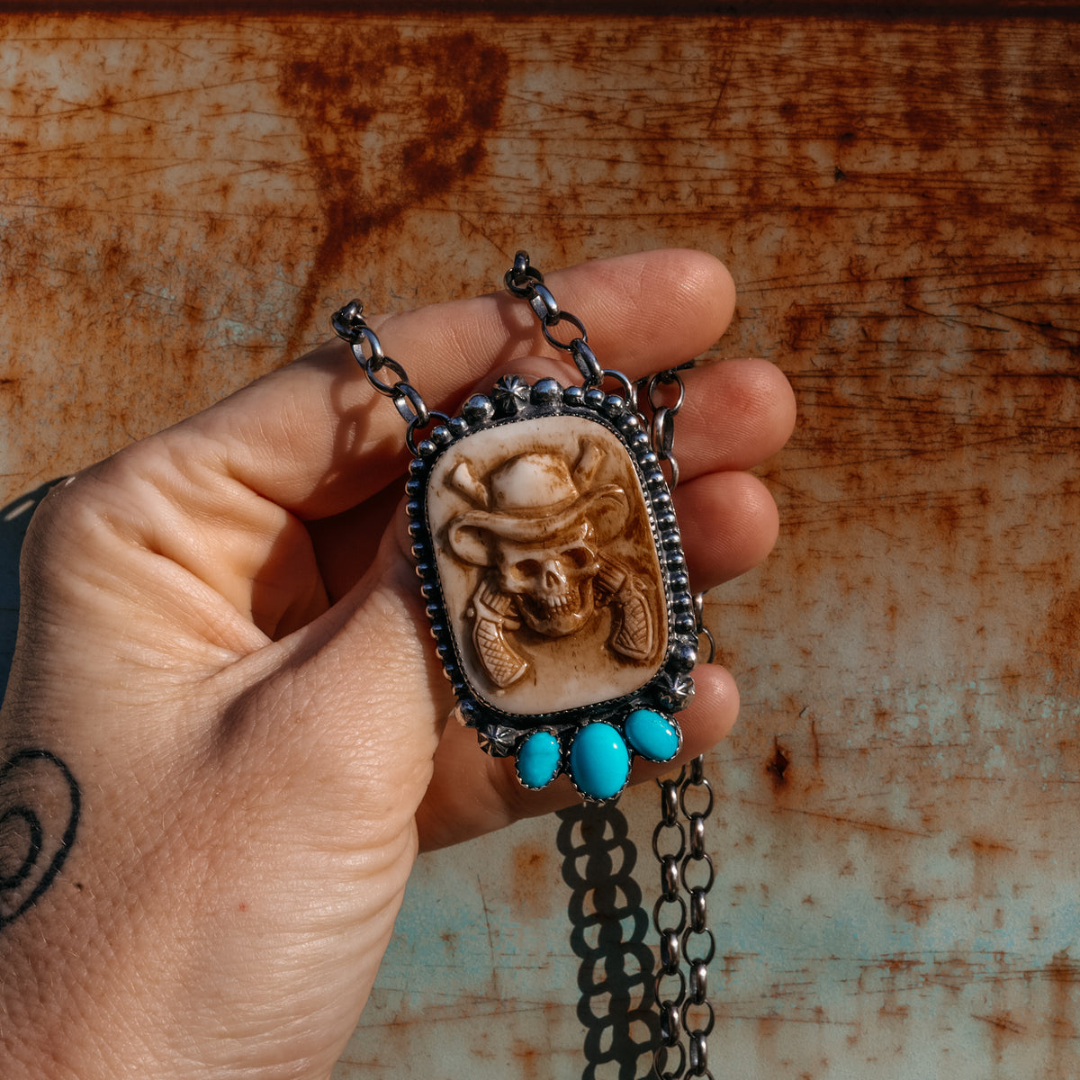 'Skeleton Cowboy' Pendant Necklace - Buffalo Bone & Blue Ridge